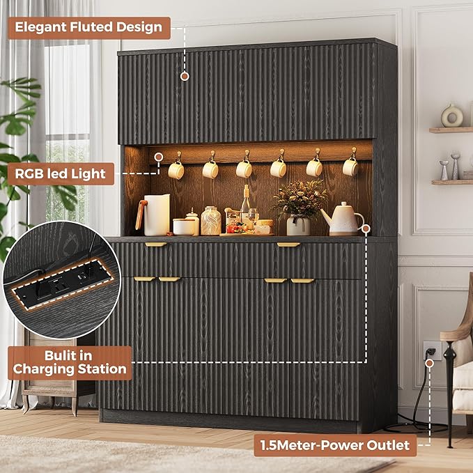 Fluted Kitchen Pantry Storage Cabinet with Charging Station/LED Light/Drawer/Doors/Shelves, 71'' Tall Kitchen Food Hutch with Microwave Stand for Dining Room Living Room (Black, 47*15.7*71)