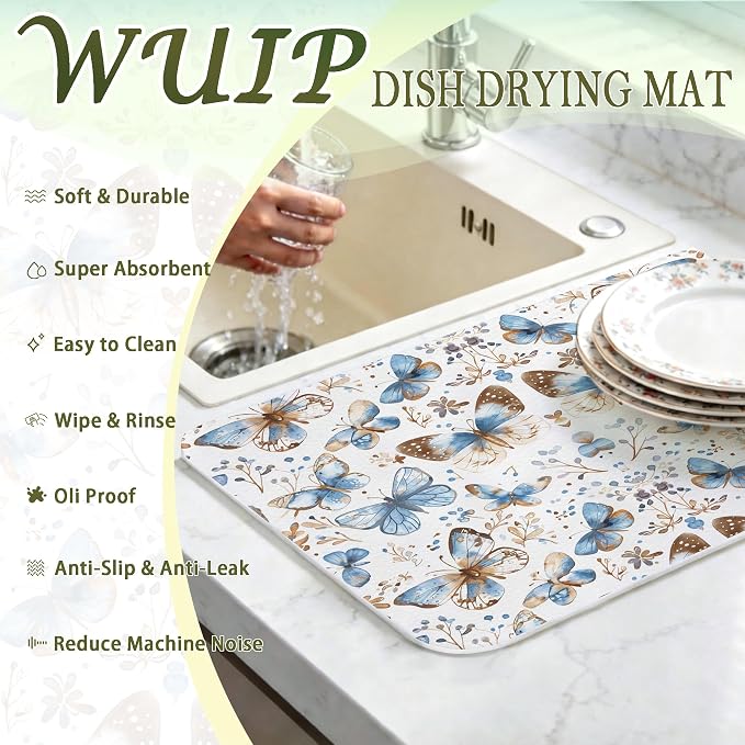 Blue Butterfly Dish Drying Mats for Kitchen Counter, Butterfly Gifts for Women, Blue and Brown Absorbent Reversible Coffee Bar Mat Drying Pad for Kitchen Decor, 12x15 Inch