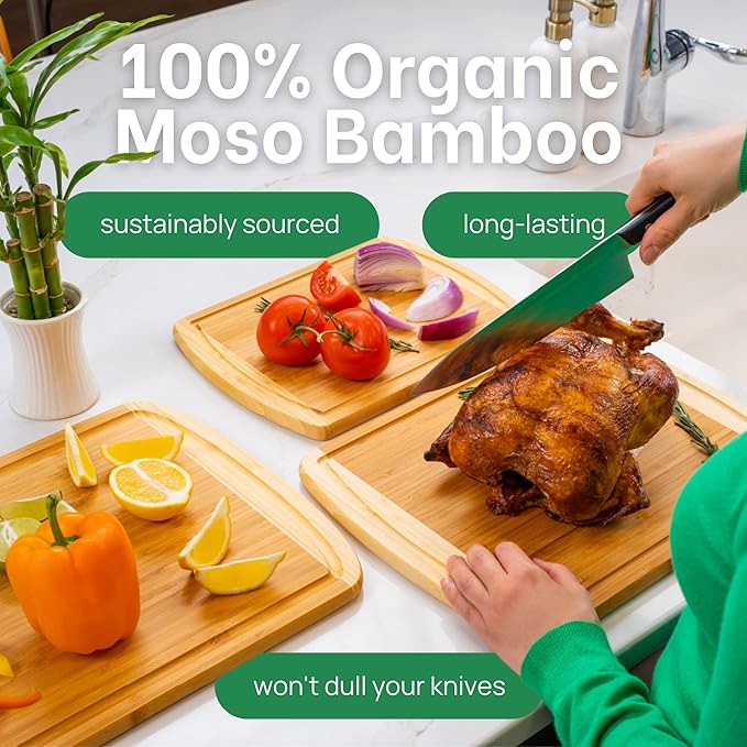 Organic Extra Large Bamboo Cutting Board Set of 3 with Lifetime Replacements – Premium Wooden Kitchen Boards for Chopping, Carving & Serving, Non-Toxic & Durable – by Greener Chef