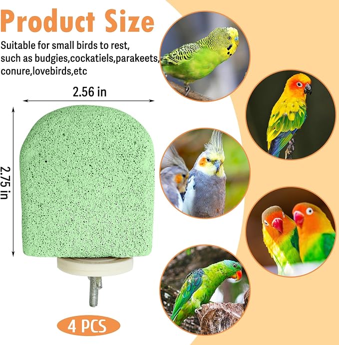 PINVNBY 4 PCS Bird Perch Stands Parrot Calcium Perch Beak Grinding Stone Foot Claws Trimmer Parakeet Platform Parrot Chewing Toys for Small Medium Cockatiel Conure Lovebird Finch(Green)