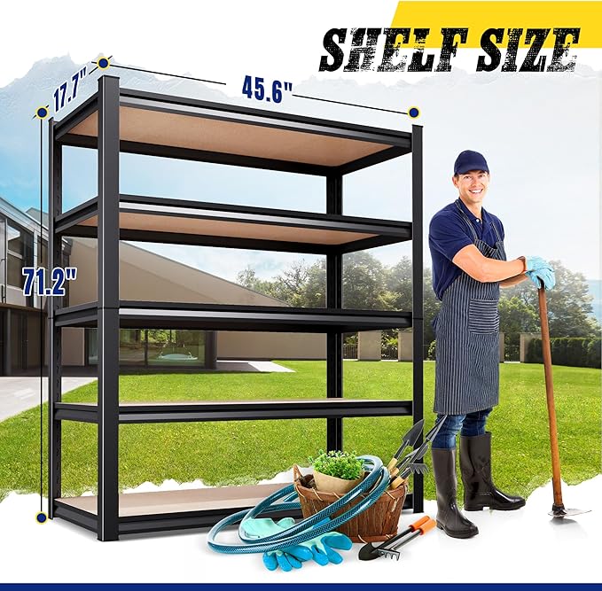 71"Hx46"Wx18"D Garage Shelving-2050 lbs 5 Tier Storage Shelves,Adjustable Heavy Duty Metal Shelving Unit and Storage Large Rack,Utility Steel Shelf for Warehouse Industrial Pantry Basement Black