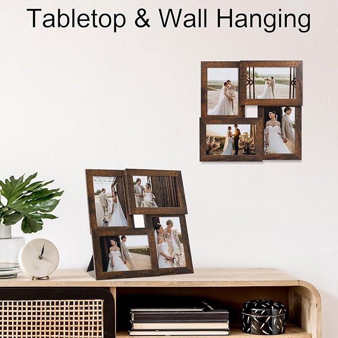 4x6 Collage Picture Frame,4 Photo Frame with Real Glass,Family Picture Frame Collage Wall Hanging or Tabletop Display,Rustic Brown