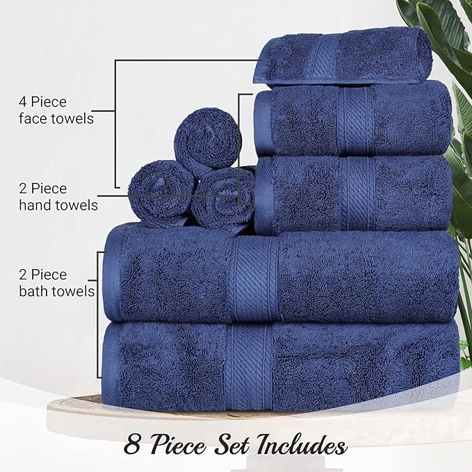 BLUENILEMILLS Madison Egyptian Cotton Towels, Towel Set for Bathroom, Shower, Hotel, Plush, 900 GSM, Highly Absorbent and Ultra-Soft Towels, Bath Essentials, 8 Piece Assorted Towel Set, Navy Blue