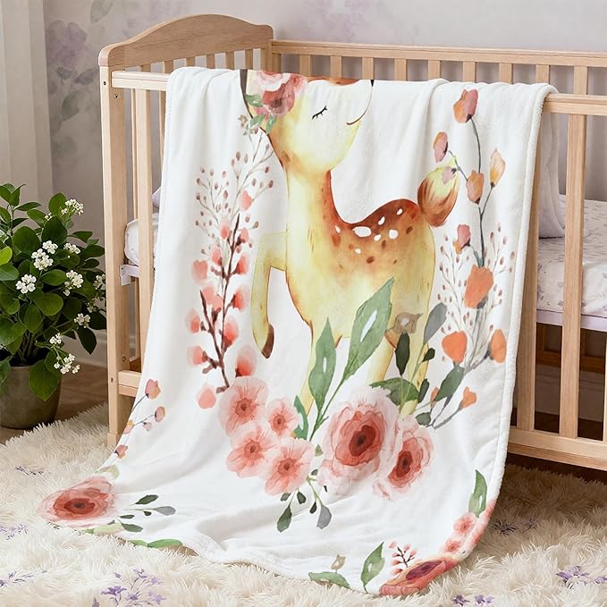 Custom Baby Name Deer Floral Blanket Personalized Blanket with Name Receiving Security Swaddle Blanket for Baby Girls Personalized, 30"x 40"