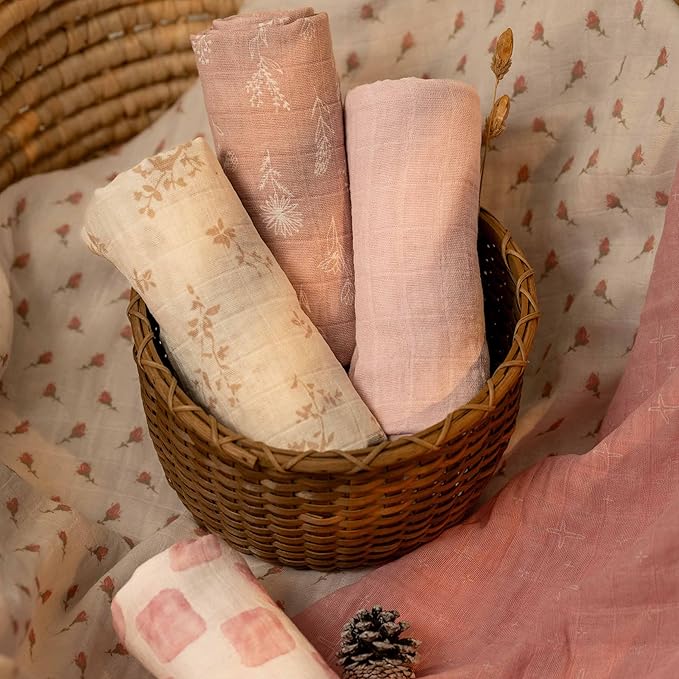 Muslin Swaddle Blankets for Newborn, 4 Pack Organic Cotton Baby Blankets for Girls, Large 31.5 x 43.3 Breathable Soft Receiving Blanket, Essentials Swaddle Wrap Burping Clothes, Flowers