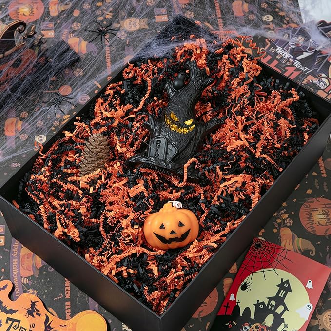 1/2 LB Halloween Crinkle Cut Paper Shred Filler 8 oz Black & Orange Crinkle Shredded Paper for Gift Basket - Gift Box Bag Filler - Grass Cushion Stuffing for Halloween Packaging Wrapping