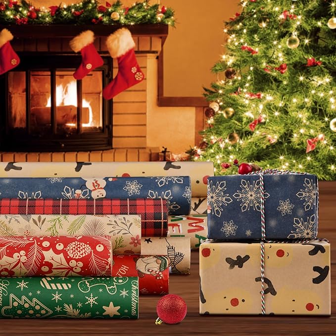 AhfuLife 2 Rolls Christmas Wrapping Paper - 17 Inch × 49.2 Feet Per Roll, Recyclable Kraft Xmas Wrapping Paper Roll for Kids Christmas Gift Box Birthday Party Decoration -138 sq. ft. ttl (L: Blue Snowman/Reindeers)