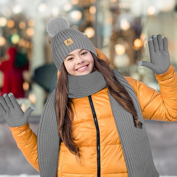 LOROME Women Winter Beanie Hat Scarf Gloves Set, Fleece Knitted Pompom Hat Warm Neck Scarf Touchscreen Gloves Winter Gift