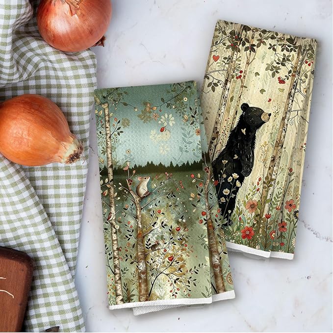 Forest Animal Kitchen Towels - Woodland Animals Decorative Waffle Dish Towels,Woodland Forest Animal Hand Towel, Rat Black Bear Tea Towel for Kitchen Decor, 16x24 Inch Set of 2