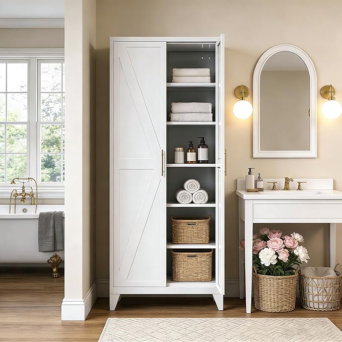75" H Metal Pantry Storage Cabinet with Doors,Farmhouse Kitchen Pantry Cabinet with 5 Adjustable Shelves for Kitchen, Living Room,Assemble Required,White,15.75" D x 31.5" W x 75.3" H