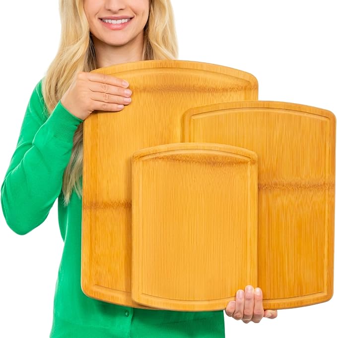 Wooden Cutting Boards for Kitchen with Glue-Free Surface and Lifetime Replacements – Organic Bamboo Chopping Board with Juice Grooves for Carving & Serving, Non Toxic & Durable by Greener Chef