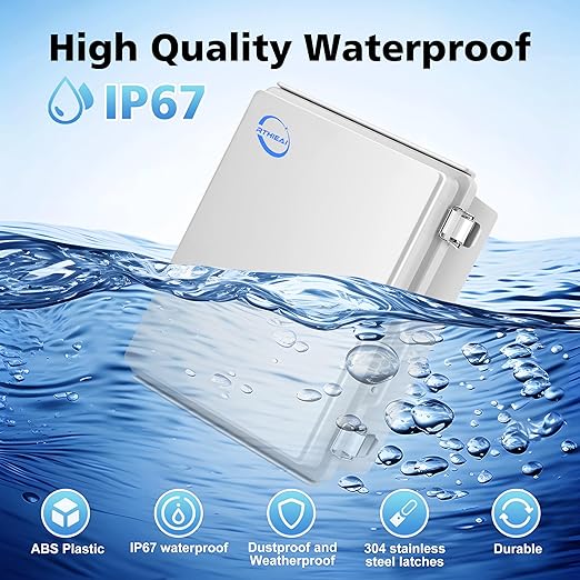 Waterproof Outdoor IP67 Junction Box (8.7"x6.7"x4.3") with Mounting Plate, Hinged Grey Cover and Wall Brackets - Weatherproof ABS Plastic Electrical Enclosure for DIY Projects (220x170x110mm)