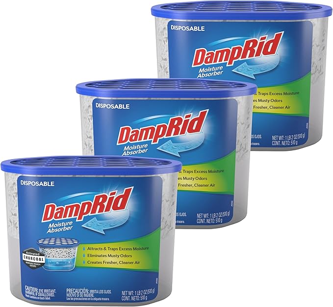 DampRid Fragrance Free Disposable Moisture Absorber with Activated Charcoal, 18 oz., 3 Pack, Moisture Absorber & Odor Remover, Lasts Up To 60 Days, No Electricity Required