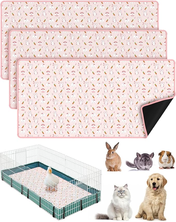 Bissap 3‑Pack Guinea Pig Cage Liners, 47''X24'' Pet Pee Pad Bedding, Pink | Non‑slip waterproof TPU layer, Super absorbent, Washable reusable bedding for guinea pig, rabbit, hamster, chinchilla, rat