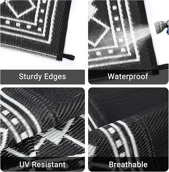 10x14 Large Outdoor Rug,Modern Bordered Plastic Straw Carpet,Waterproof Lightweight Outdoor Carpet,Easy Cleaning Folding Uv Resistant Picnic Camping Mat,Black/White