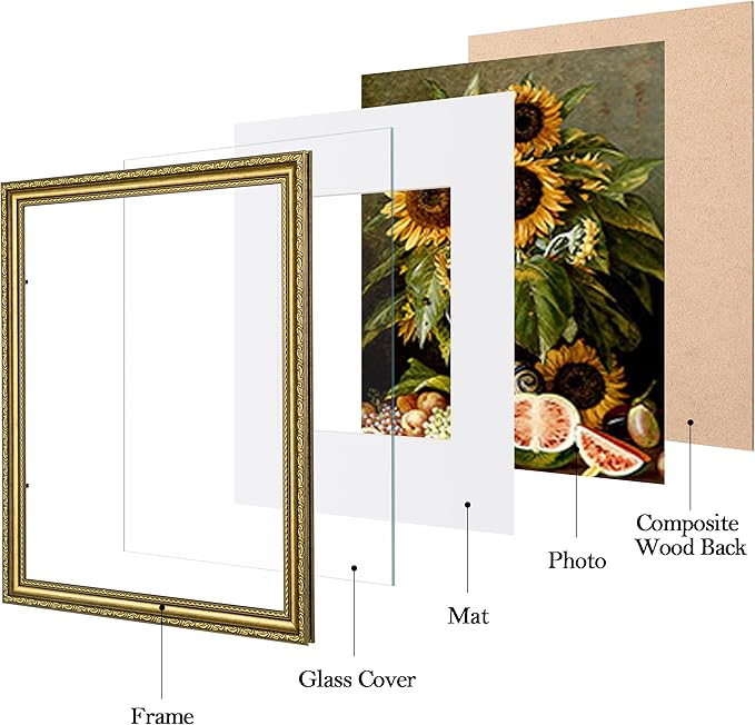 eletecpro 11x14 Picture Frames Set of 4, Vintage Photo Frame with Glass, Gold Frames 11 x 14 Display 8x10 Photo with Mat or 11x14 without Mat for Tabletop or Wall Decor, Gold