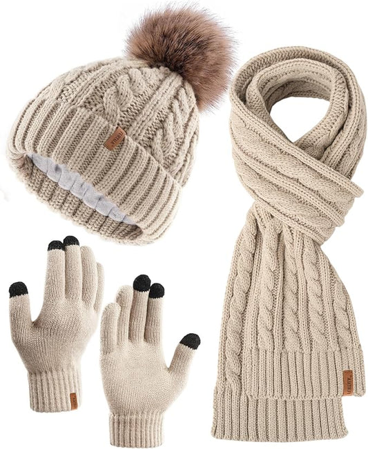 FURTALK Womens Winter Hat Gloves Scarf Set Fleece Knit Pom Beanie Warm Neck Warmer Touchscreen Gloves 3 in 1 Gift Set