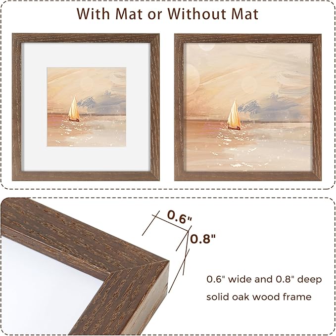 Fun Memories 12x12 Picture Frame in Walnut, 12 x 12 Frame Set of 3, Rustic Oak Wood Frame 12 x 12 for Wall, 12x12 Frame display 8x8 Picture with Mat, Tempered Glass, Wall Collage Frame 12 by 12