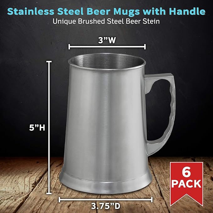 DISCOUNT PROMOS Stainless Steel Beer Stein Mug 13.5 oz. Set of 6, Bulk Pack - Great for Restaurant, Brewery, Pub - Silver