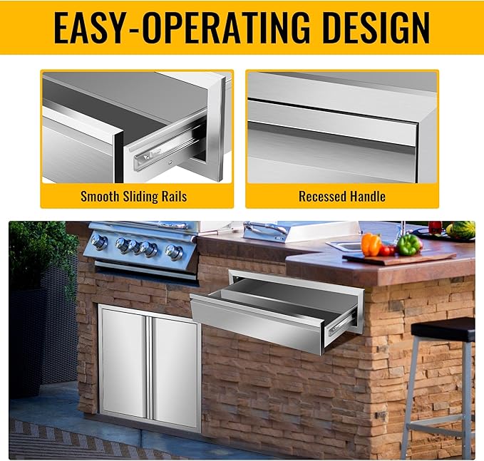 Outdoor Kitchen Drawers Stainless Steel 30W X 6.5H X 23D Inch, Flush Mount Single BBQ Island Drawers with Hidden Handle for Outdoor Kitchens, Patio or Grill Station