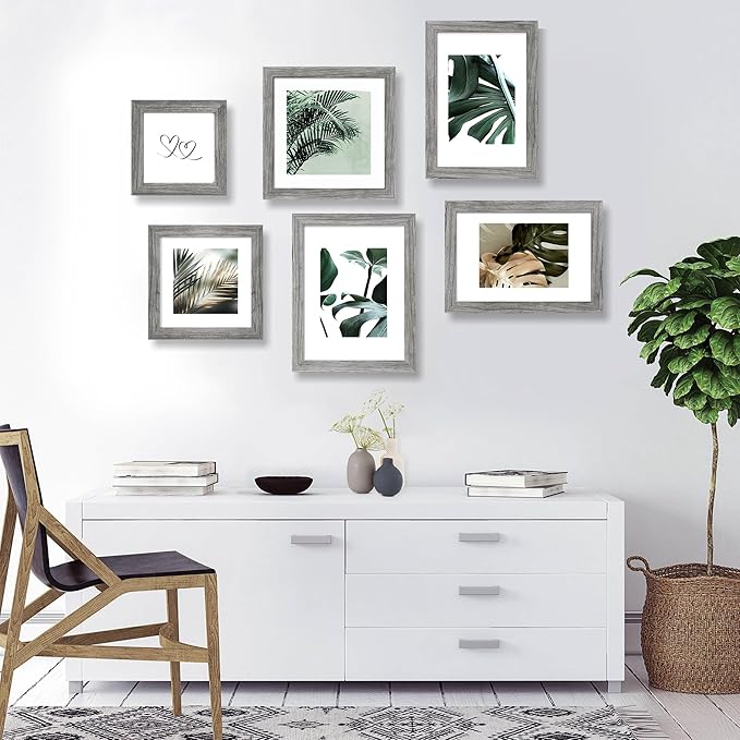 6x9 Picture Frame Set of 4, Made of Real Glass and Grey Wooden Frame - 6 by 9 Photo for Wall or Tabletop Display