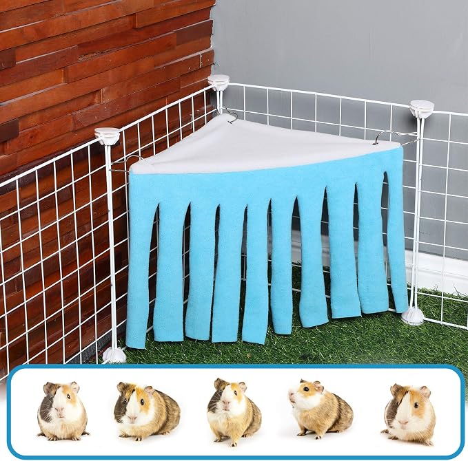 Shappy 2 Pcs Guinea Pig Hideout Hideaway Cage Hammock, Blue Green | Corner Hideout Hammock, Soft Fleece for Ferrets Chinchillas Hedgehogs, Cozy Hide with Fringe Curtain Design