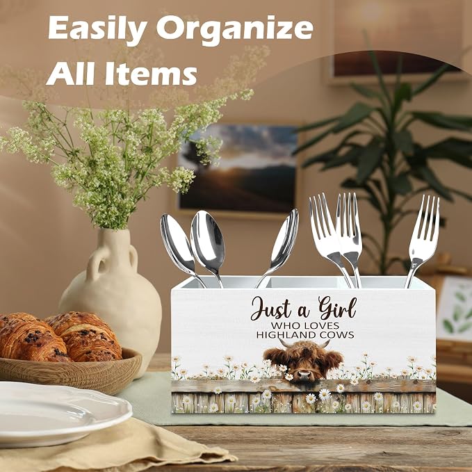 DILSJ Highland Cow Decor Pen Pencil Holder Organizer for Desk, Highland Cow Gifts for Women, Just a Girl Who Loves Cows Wooden Box Signs for Home Office Desk Tabletop Decoration