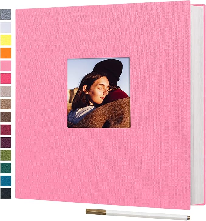 potricher 13.2x12.8 Inch Self Adhesive Photo Album Linen Cover 80 Pages Sticky 3x5 4x6 5x7 6x8 8x10 8.5x11 Magnetic DIY Scrapbook Photo Album with A Metallic Pen (Pink)
