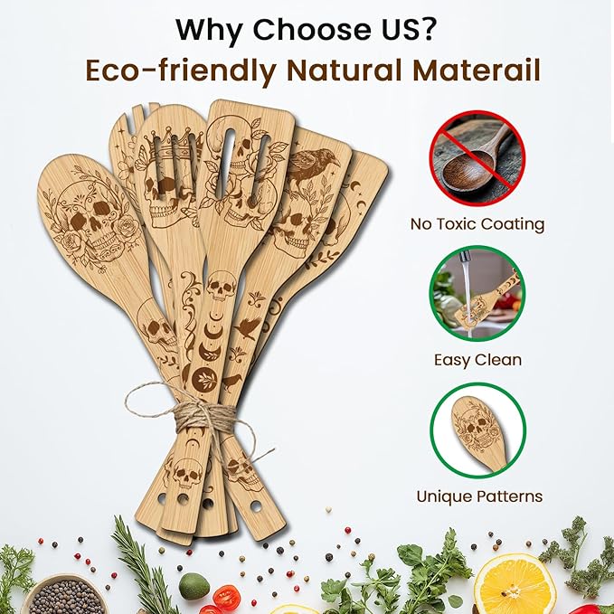 CUTHOLLOW 6PCS Skull Crow Wooden Kitchen Cooking Utensil Set, 11.9in Non Toxic Bamboo Wood Spoon Set for Cooking, Best Housewarming Halloween Decor Gift for Women Mother