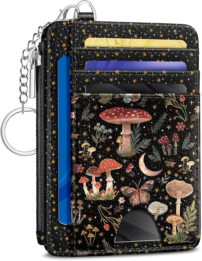 Kelvoris Credit Card Holder Small Wallet Women, Slim RFID, Mushroom Flower | Keychain, Zipper Coin Pocket, Front Pocket Thin Travel Card Case, Minimalist, 6 Card Slots, 1 ID Window, Ladies Gifts Woman