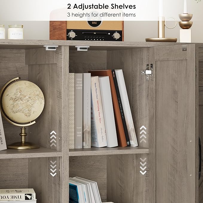 BOTLOG 71” Large Sideboard Buffet Cabinet with Storage, Farmhouse Kitchen Buffet Cabinet with Adjustable Shelves and 6 Barn Doors, Wood Coffee Wine Bar Console Table, White, Ash Grey (Ash Grey)