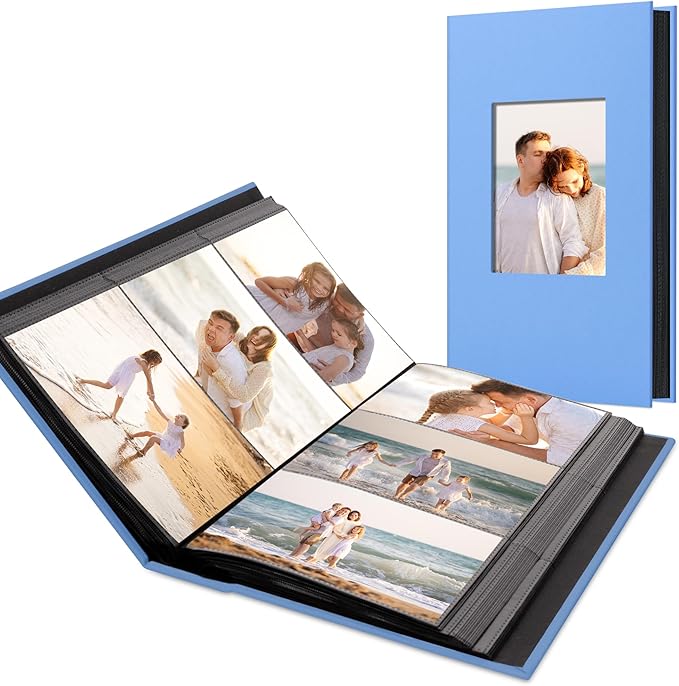 Photo Album Holds 300 Pockets with Linen Cover and Customizable Window, Fits 4x6 Photos, Archival Black Pages, Blue