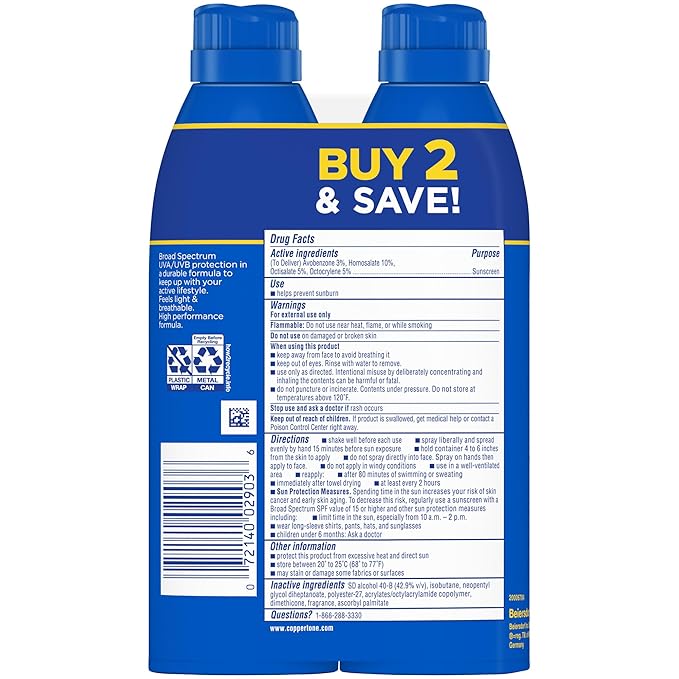 Coppertone Sport SPF 30 Sunscreen Spray, Body Sunscreen, Water Resistant Spray Sunscreen, 5.5 Oz, Pack of 2 (Packaging May Vary)
