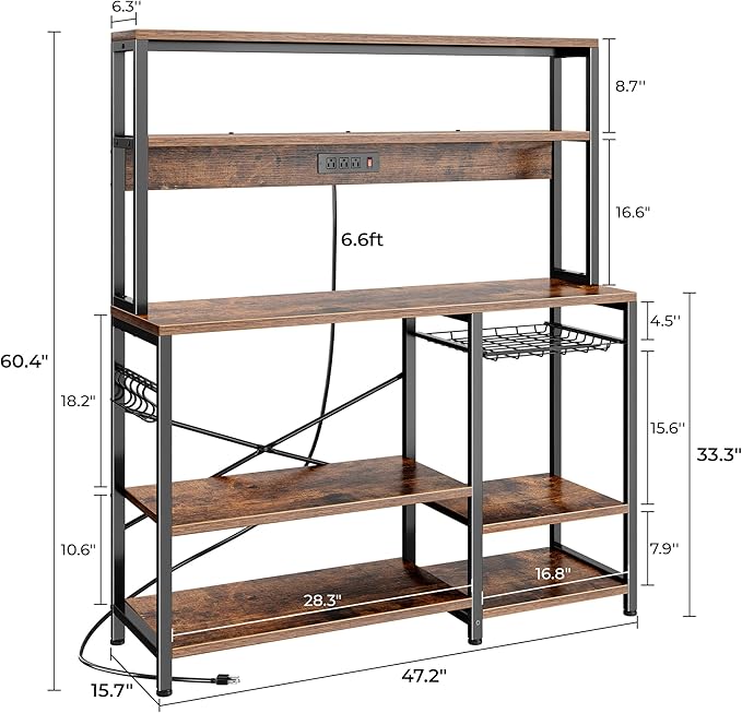 SUPERJARE Bakers Rack with Power Outlet, 47.2 Inches Coffee Bar with 3 Level-Adjustable Open Shelves, Wire Basket, Kitchen Microwave Stand with 6 S-Shaped Hooks, Rustic Brown