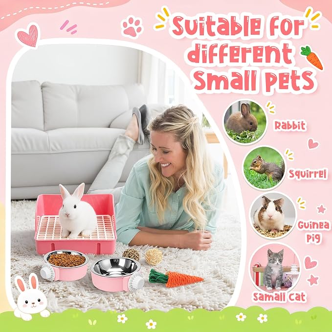 Reallnaive 15 Pcs Rabbit Starter Kit Small Rabbit Litter Box Girls Gift Animal Grooming Kit Bunny Toys Bowl Blankets with Cleaning Set for Guinea Pig Accessories (Bright Pink‌)