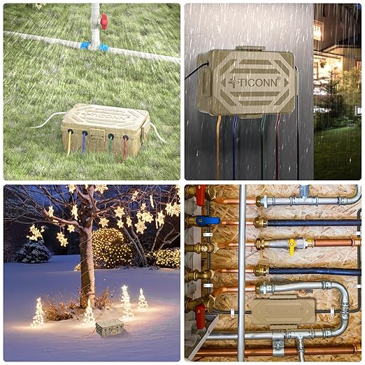 TICONN Outdoor Electrical Box, IP54 Splash-Proof Outdoor Extension Cord Cover, Protects Power Strip, Plug, Socket, Timer, Holiday Lights (Brown, Large)
