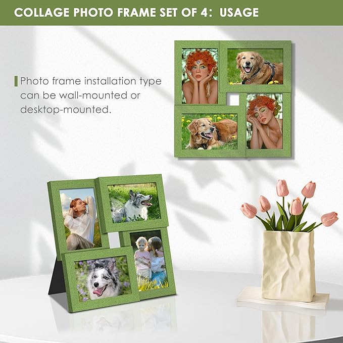4x6 Collage Picture Frame Tempered Glass Front, Displays Four 4x6 Photo, Family Photo Collage Frame, Wall Decor Wall Hanging or Tabletop, Green