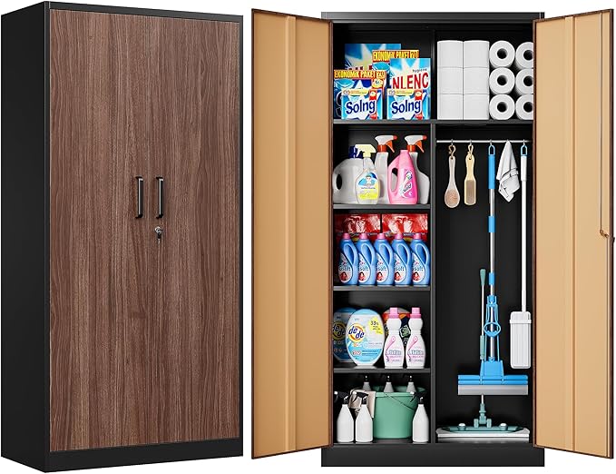 SISESOL Wide & Deep Metal Storage Cabinet with Hanging Rod,Broom Closet Storage Cabinet with Lock,72" Tall Wardrobe Cabinets with Doors and Shelves,Locking Steel Tool Cabinets for Home,Office,Garage