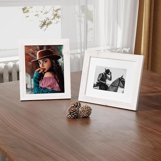 Fun Memories Picture Frame 8x10 - Real Tempered Glass, Solid Wood Photo Frame, Display 5x7 With Mat or Without Mat, Rustic Frame for Wall or Tabletop, White, 1 Pack