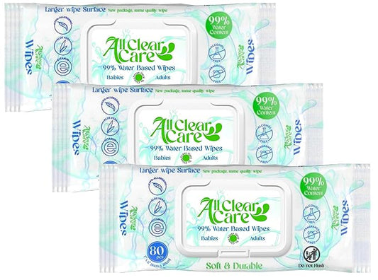 Baby Wipes, Unscented Wet Wipes for Sensitive Skin, Large Soft Durable & 99% Water, Gentle & Hypoallergenic for Babies & Adults, Vitamin E and Aloe, Flip Top Lid, 3 Pack (240 Wipes)