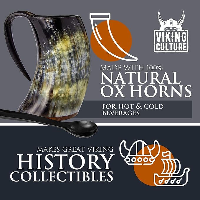 Viking Culture - Hot Viking Horn Mug with Spoon and Bag, 2 Pc Set, Horned Handle with Rustic Natural Finish, Safely Holds Hot and Cold Tea, Coffee, Cocoa, Wine, Beer or Mead
