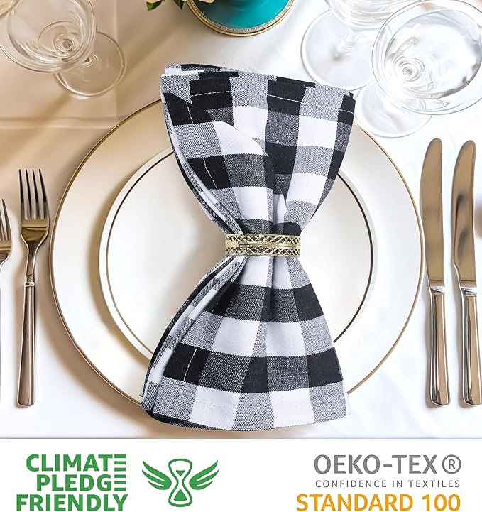 Urban Villa Cloth Napkins 100% Cotton Dinner Napkins Highly Absorbent 20x20 Inches (Set of 12) Black White Buffalo Checks Reusable Washable Soft Durable Premium Napkins Ideal for Home Wedding Parties