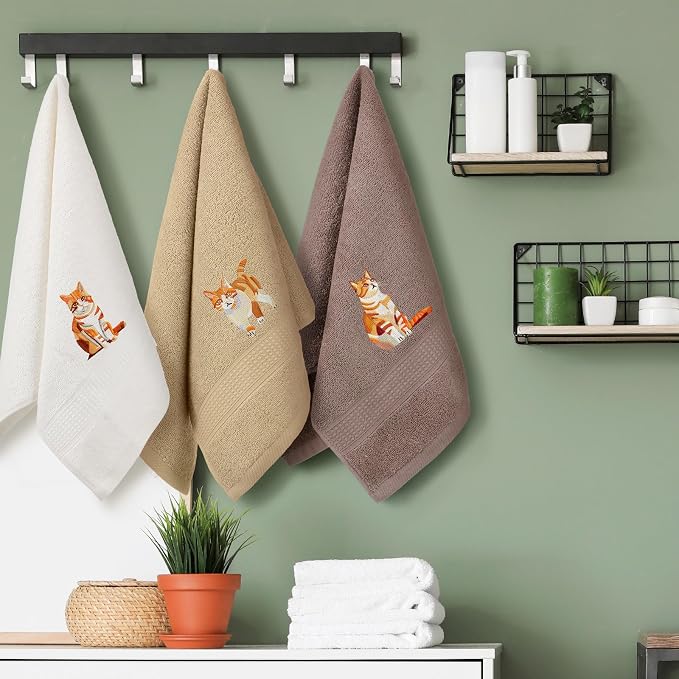 3 Pcs Orange Cat Hand Towels Bathroom Sets Decor | Cute Orange Cat Lover Gifts, Funny Decorative Farmhouse, 100% Cotton, Embroidered Towels for Bathroom Kitchen 13.3 x 29.5''