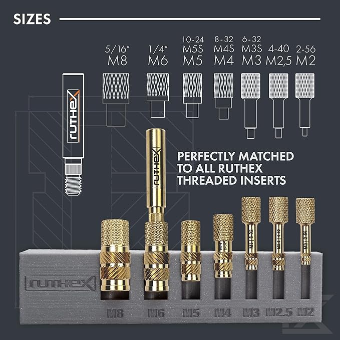 ruthex 7X Soldering Tips/Heat Set Insert Tips - for Thread Inserts M2 / M2.5 / M3 / M4 / M5 / M6 / M8 - #2-56 / #4-40/ #6-32/ #8-32/ #10-24 1/4" and Soldering Iron Adapter 900M / T18