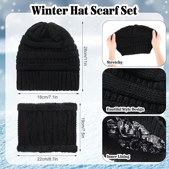 SATINIOR 5 Pcs Winter Satin Lined Hat Scarf Gloves Set Knit Pompom Beanie Warm Touchscreen Glove Earmuff Ear Warmer for Women
