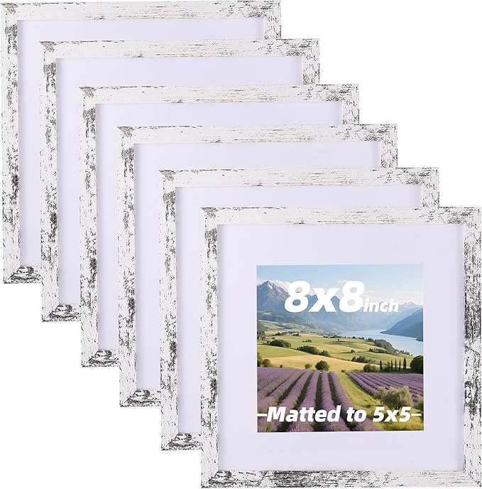 6 Pcs 8x8 Rustic White Wood Picture Frame - Display Pictures 5x5 with Mat or 8 x 8 without - Distressed White Wooden Photo Frames for Wall Mounting or Table 8 8 Matted to 5x5 Farmhouse Set of 6