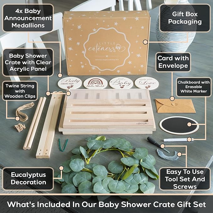 Wooden Baby Shower Crate Closet with Clear Acrylic Front - Customizable Wooden Crate Box with Dual Rod System, Easy Assembly Baby Baskets and Gift Display for Baby Shower (Natural Wood)