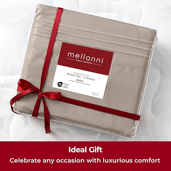 Mellanni Extra Deep Twin Sheets - 3 PC Iconic Collection Bedding - Hotel Luxury, Ultra Soft, Cooling Bed Sheets - Wrinkle, Fade, Stain Resistant (Twin, Tan)