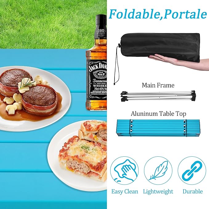 Grope Portable Camping Table with Aluminum Table Top, Folding Beach Table Easy to Carry, Prefect for Outdoor, Picnic, BBQ, Cooking, Festival, Beach, Home (Deep Blue-S)