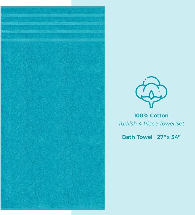 American Soft Linen Luxury 4 Piece Bath Towel Set, 600 GSM 100% Cotton Turkish Bath Towels for Bathroom, 27x54 in Extra Large Bathroom Shower Towels, Aqua Blue